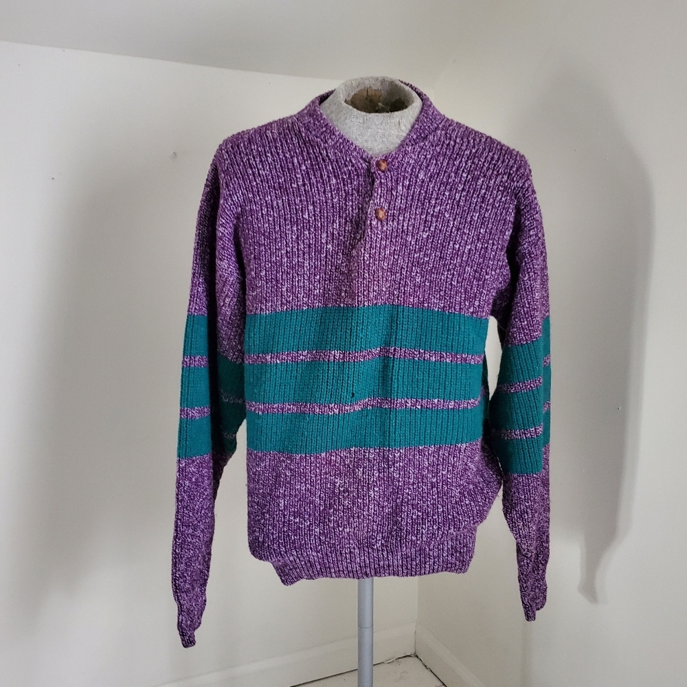 80s 90s Vintage Jantzen Speckled Plum & Teal Stripe Sweater size M